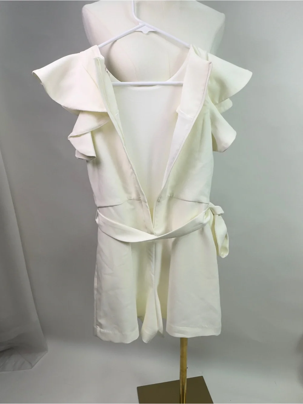 GB girls Cream White Ruffle Sleeve Shorts Romper | Pockets Waist Tie Bow Formal